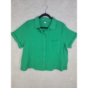 Old Navy Women's Green Button Front Shirt L 100% Cotton Collared Blouse Short Sl
